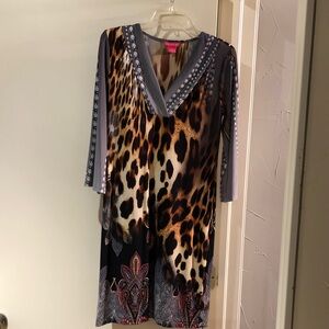 Sunny Leigh Leopard Print V-Neck midi dress- Black & Gray w red and yellow